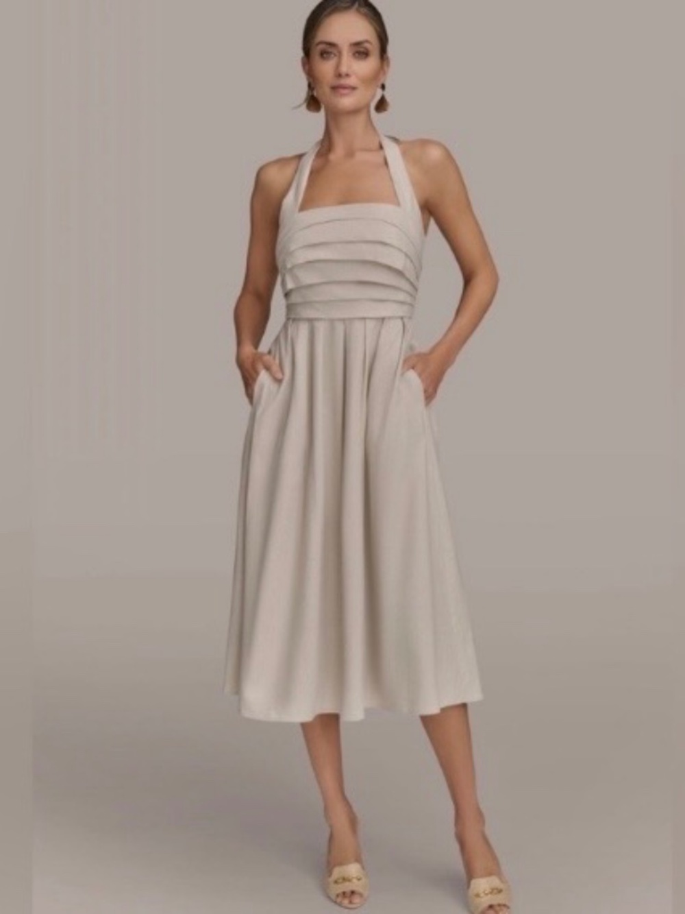 Donna Karen Tan Linen Blend Halter Style Pleated Midi Dress
